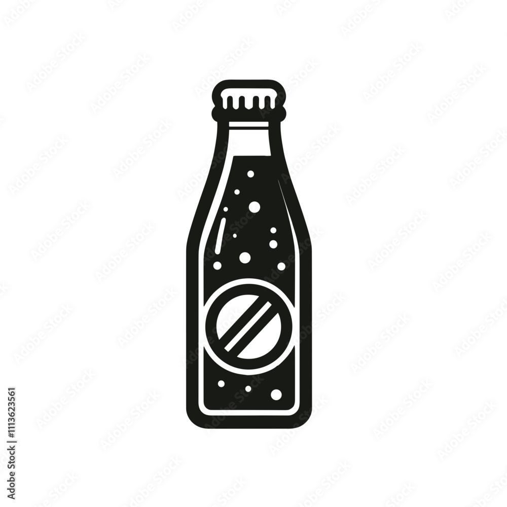 Soda bottle illustration in black and white with bubbles and circular label Soda bottle illustration in black and white with bubbles and circular label