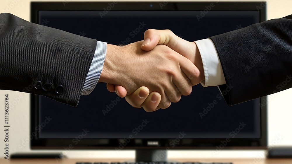 Business Deal Handshake Against Computer Screen Business Deal Handshake Against Computer Screen