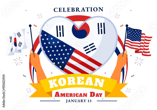 Korean American Day Vector Illustration on January 13 featuring the USA and South Korean Flags to Celebrate the Republic of Alliance in a Background