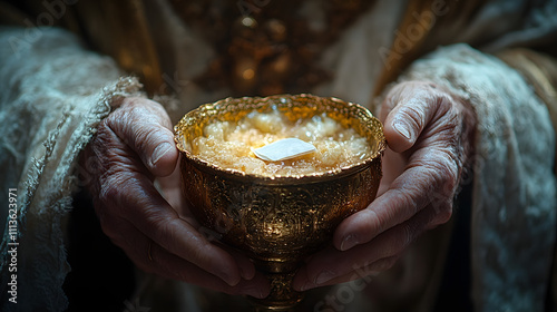 A priest holding the chalice in a photorealistic depiction, showcasing a moment of reverence and devotion during a religious ceremony. The image captures the solemnity and spiritual significance of th