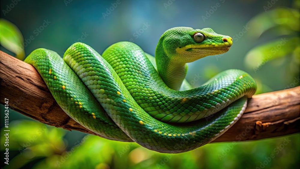Fototapeta premium Green snake gracefully slithering on a tree branch , serpent, reptile, wildlife, nature, tropical, camouflage, exotic