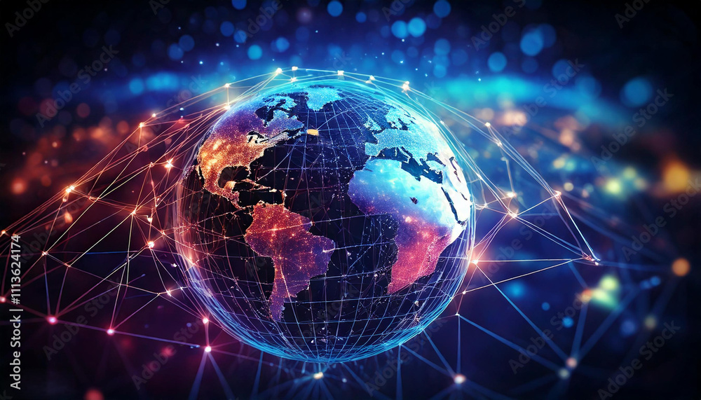 Close-up of world illustration with digital connections, symbolizing intelligence and technology, a blurred background. Close-up of world illustration with digital connections, symbolizing intelligence and technology, a blurred background.