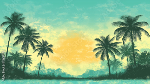 Tropical Sunset Palm Trees Landscape. Concept of Relaxation, Vacation, and Paradise.