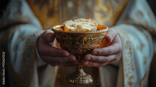 A priest holding the chalice in a photorealistic depiction, showcasing a moment of reverence and devotion during a religious ceremony. The image captures the solemnity and spiritual significance of th
