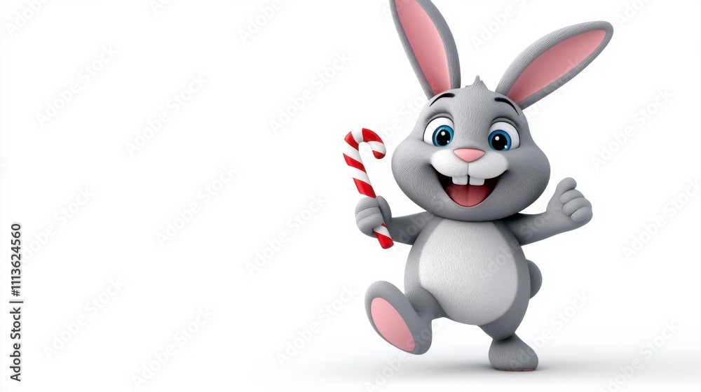 Cute Cartoon Rabbit Holding Christmas Candy Cane in Cheerful Winter Scene Cute Cartoon Rabbit Holding Christmas Candy Cane in Cheerful Winter Scene