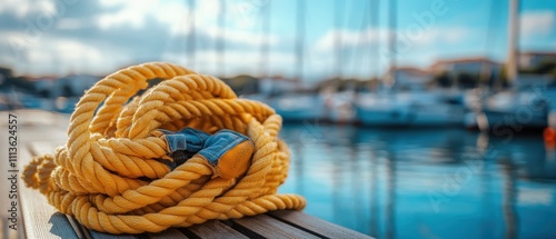 Sailing Ropes and Gloves on a Bench Marina Outdoor Scene Blurred Background Nautical Concept