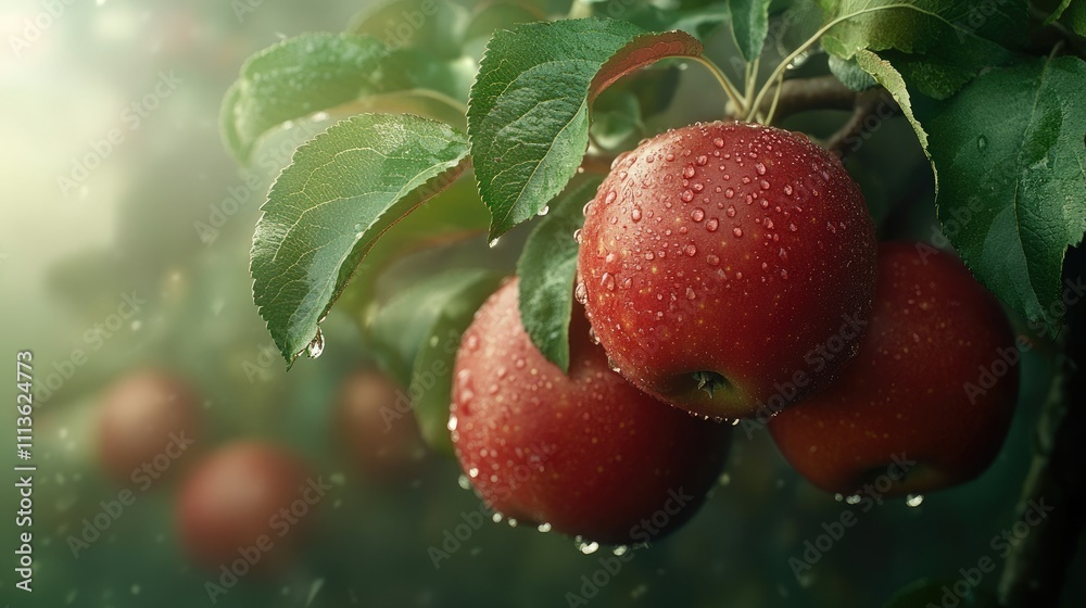 Obraz premium Lush red apples glistening with droplets on a tree branch in a serene environment.