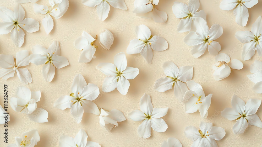 A close-up flat lay of aromatic jasmine flowers, their soft white petals beautifully spread across a beige background. The delicate flowers create a calm and fresh aesthetic. A close-up flat lay of aromatic jasmine flowers, their soft white petals beautifully spread across a beige background. The delicate flowers create a calm and fresh aesthetic.