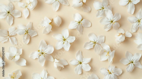 A close-up flat lay of aromatic jasmine flowers, their soft white petals beautifully spread across a beige background. The delicate flowers create a calm and fresh aesthetic.