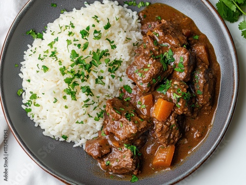 Preparing Delicious Beef Stroganoff Rice Kitchen Table Food Cozy Home Overhead View Culinary Delight