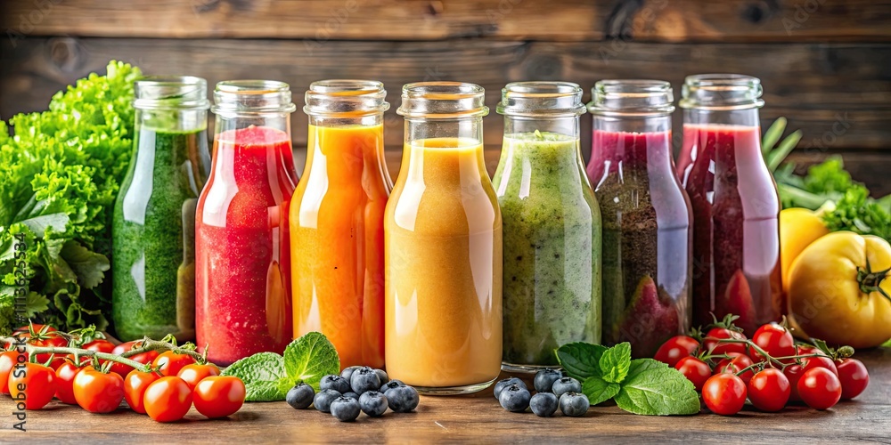 Colorful smoothies in glass bottles with fresh fruits and vegetables , vibrant, healthy, nutrition, beverage, drink, mixed Colorful smoothies in glass bottles with fresh fruits and vegetables , vibrant, healthy, nutrition, beverage, drink, mixed