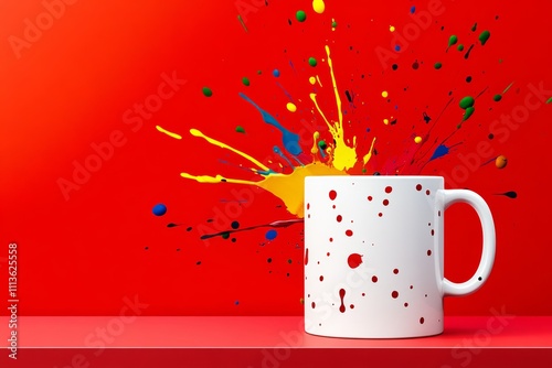 White coffee mug with red splatters of paint on it. The splatters are in various colors, including yellow, blue, and green. The mug is placed on a red surface, which adds to the overall colorful photo