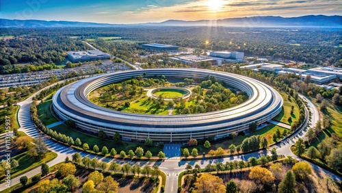 Aerial view of futuristic Apple Park campus on a sunny day, Apple Park, Cupertino, architecture, design