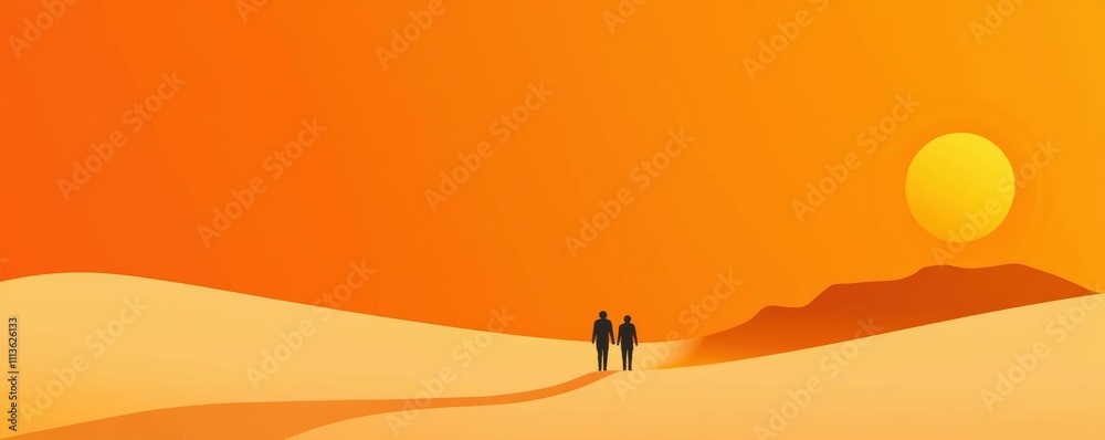 A serene desert scene at sunset, featuring two silhouetted figures walking on sandy dunes beneath a large sun. A serene desert scene at sunset, featuring two silhouetted figures walking on sandy dunes beneath a large sun.