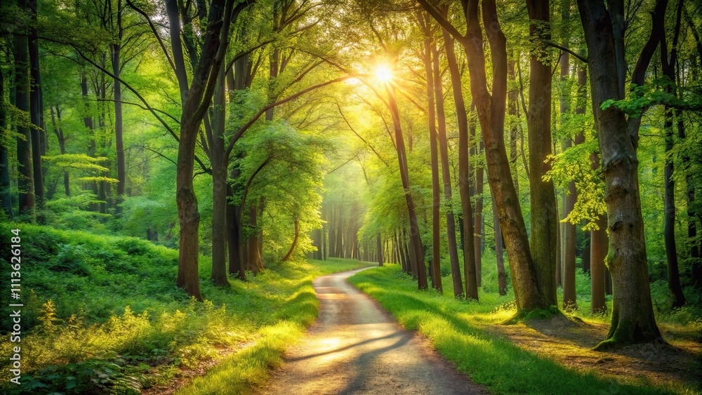 Sunlit pathway winding through vibrant green forest, nature, trees, path, sunlight, shadows, peaceful, tranquility, serene Sunlit pathway winding through vibrant green forest, nature, trees, path, sunlight, shadows, peaceful, tranquility, serene