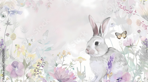 Whimsical rabbit surrounded by delicate flowers and a butterfly on a soft pastel background with copy space