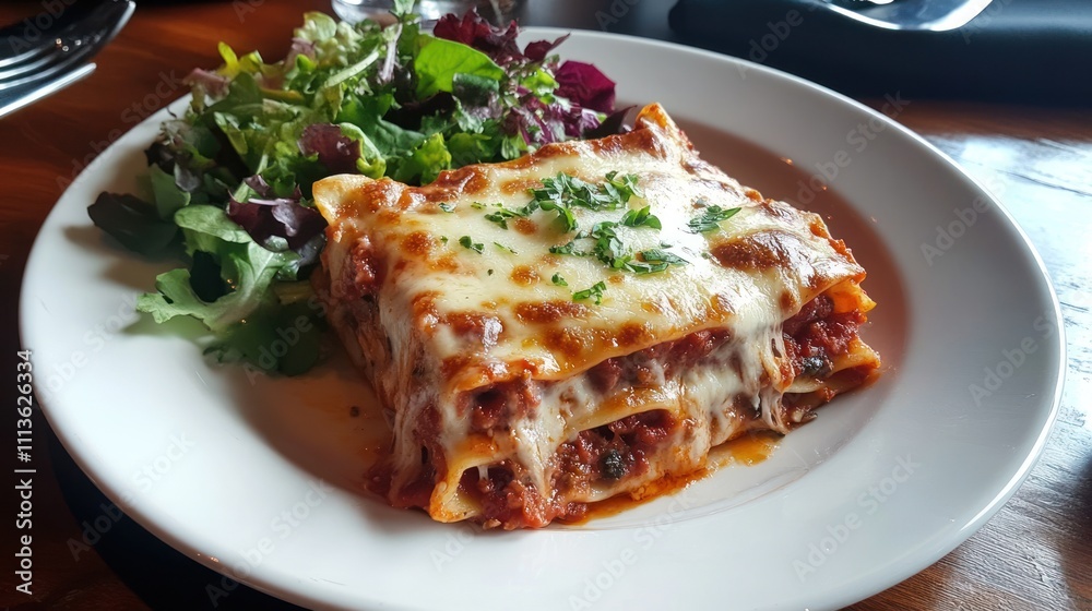 Delicious lasagna with melted cheese and side salad on a white plate. Delicious lasagna with melted cheese and side salad on a white plate.