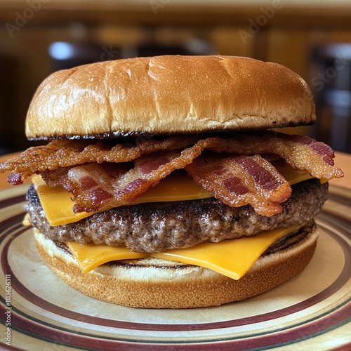 Juicy cheeseburger topped with crispy bacon on a toasted bun. photo