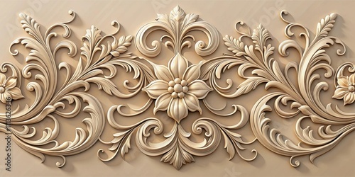 Ornate floral relief with scrolls on beige background , floral, ornate, relief, scrolls, intricate, design, elegant