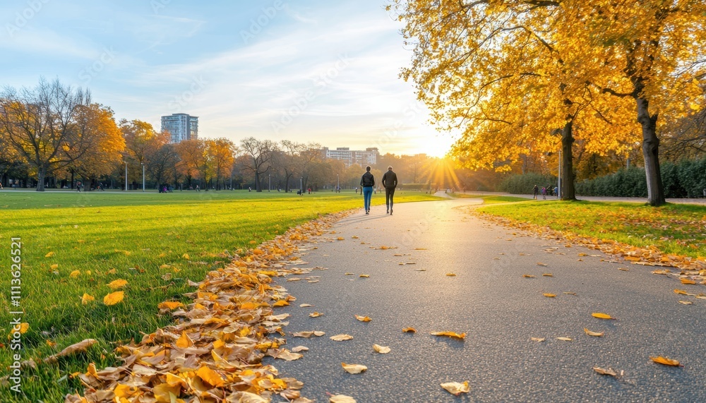 A serene autumn scene with two people walking along a path lined with vibrant yellow leaves and bathed in warm sunlight. A serene autumn scene with two people walking along a path lined with vibrant yellow leaves and bathed in warm sunlight.