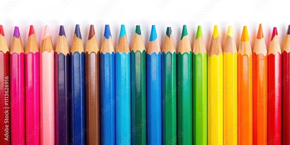 Vibrant set of colored pencils in a row on a white background, art supplies, drawing Vibrant set of colored pencils in a row on a white background, art supplies, drawing
