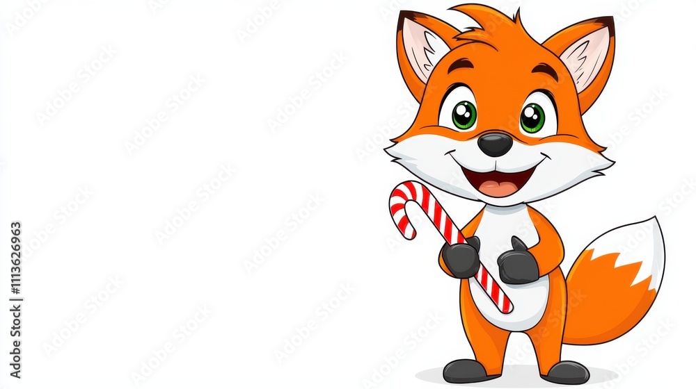 Cute Cartoon Fox Holding Candy Cane in Winter Forest Cute Cartoon Fox Holding Candy Cane in Winter Forest