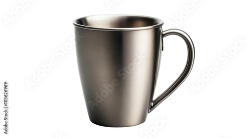 A sleek, metallic mug stands alone, reflecting light with a smooth finish. This stylish cup is ideal for sipping coffee or tea, enhancing any kitchen setting effortlessly