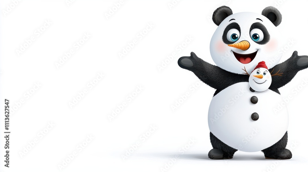 Fototapeta premium Friendly Panda Snowman Celebrating Winter Holidays