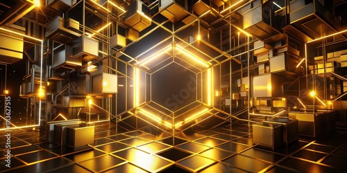 Futuristic render with abstract geometric shapes in gold on black background, glowing with yellow light, technology