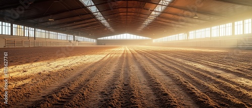 Empty Horse Riding Arena Equestrian Center Photography Indoor Space Wide Angle Fresh Sand Tracks and Clear Light