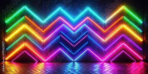 Fototapeta Naklejka Na Ścianę i Meble -  Abstract neon geometric background with zigzag shapes on black wall illuminated by multicolored light, render, abstract