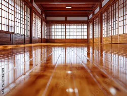 Kendo Practice Space Dojo Detailed Shot Polished Wood Environment Ground Level View Tranquil Atmosphere