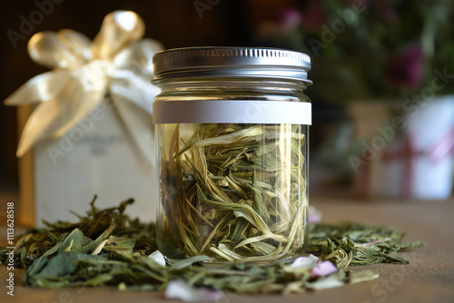 organic loose leaf tea and dried petals in a glass jar, ideal for gift giving and health enthusiasts photo