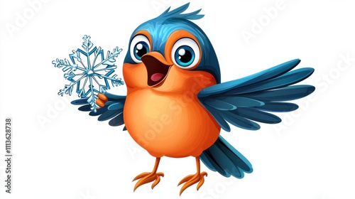 Cute Cartoon Bird Holding Snowflake in Wintery Scene