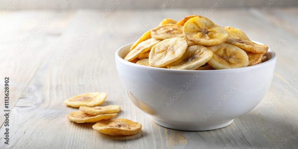Fresh banana chips in a white ceramic bowl, snack, crispy, homemade, organic, yellow, healthy, vegan, nutritious Fresh banana chips in a white ceramic bowl, snack, crispy, homemade, organic, yellow, healthy, vegan, nutritious