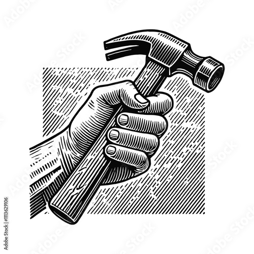 hand holding hammer engraving black and white outline