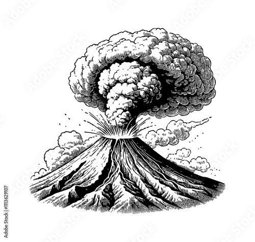 erupting volcano engraving black and white outline