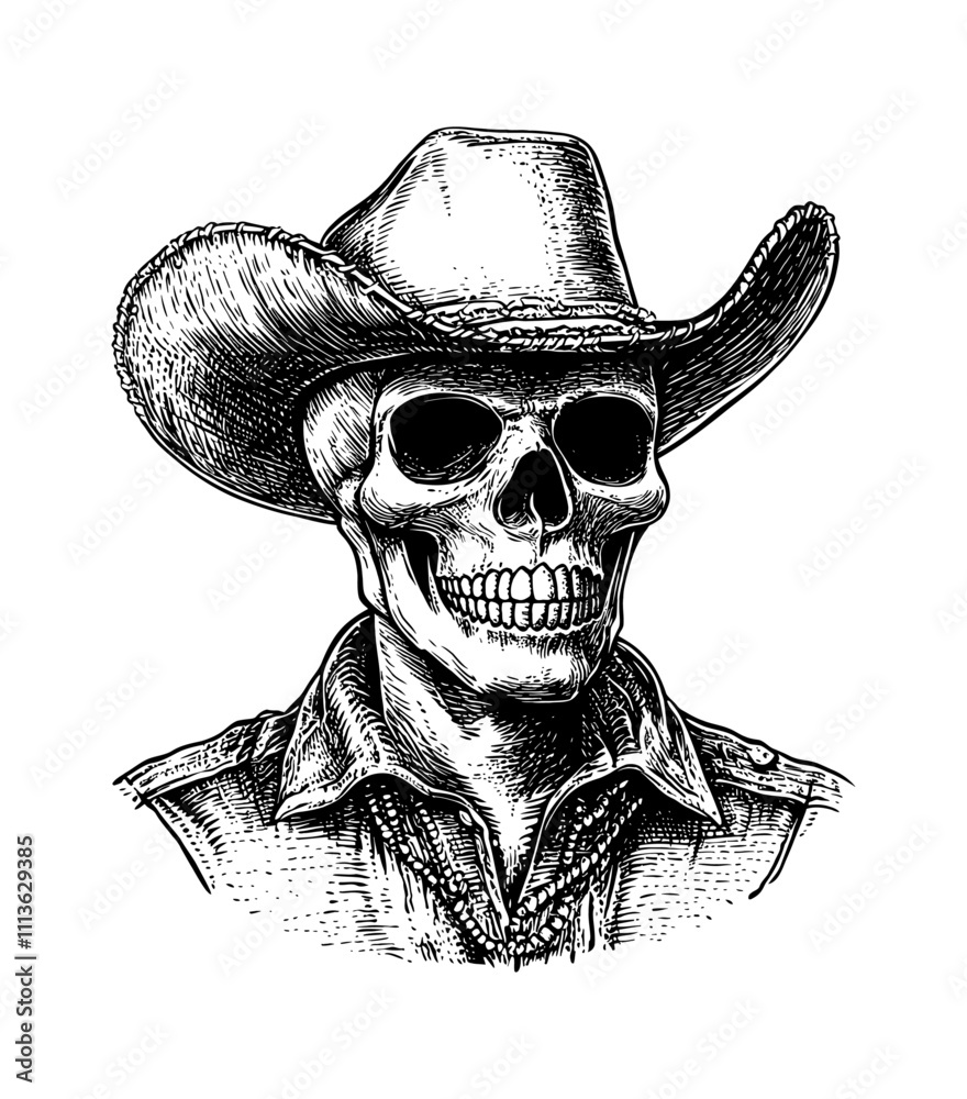 Fototapeta premium cowboy hat skull engraving black and white outline