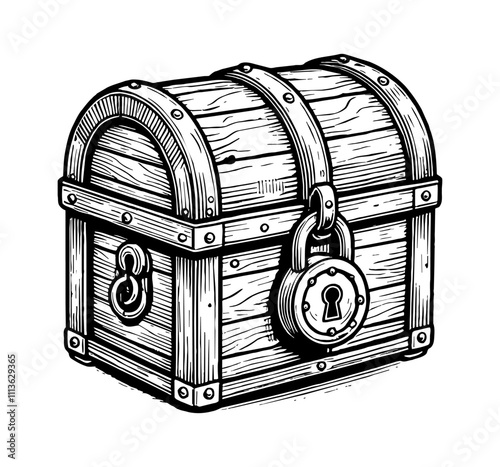 wooden treasure chest with a curved lid and large padlock on the front