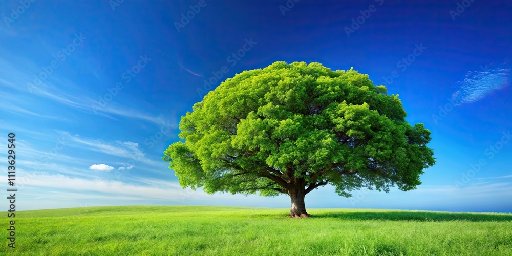 Summer landscape featuring a lush green tree with vibrant foliage under a clear blue sky, summer, landscape, green, tree Summer landscape featuring a lush green tree with vibrant foliage under a clear blue sky, summer, landscape, green, tree