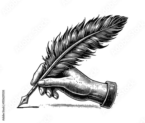 hand holding quill feather pen engraving black and white outline