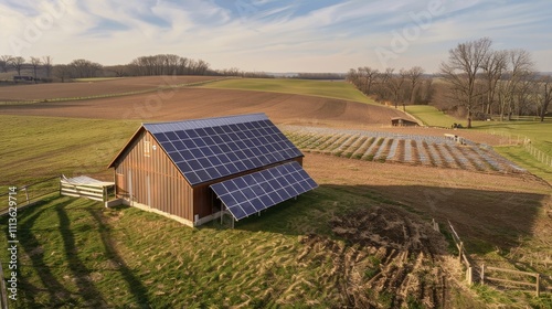 Solar Panels on Barn Surrounded by Agricultural Landscape in Autumn