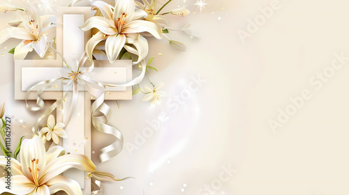 Elegant Easter cross decorated with white lilies and ribbons on a soft pastel background with copy space
