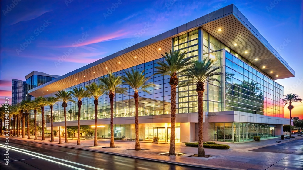 Las Vegas convention building illuminated at twilight hour, Las Vegas, convention, building, architecture, urban, city, skyline Las Vegas convention building illuminated at twilight hour, Las Vegas, convention, building, architecture, urban, city, skyline