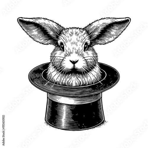 rabbit inside top hat for magic engraving black and white outline