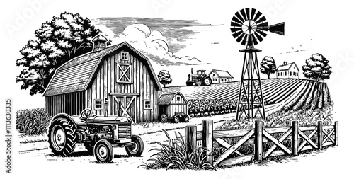 rural farm scene. The image features a rustic barn with a pitched roof engraving black and white outline