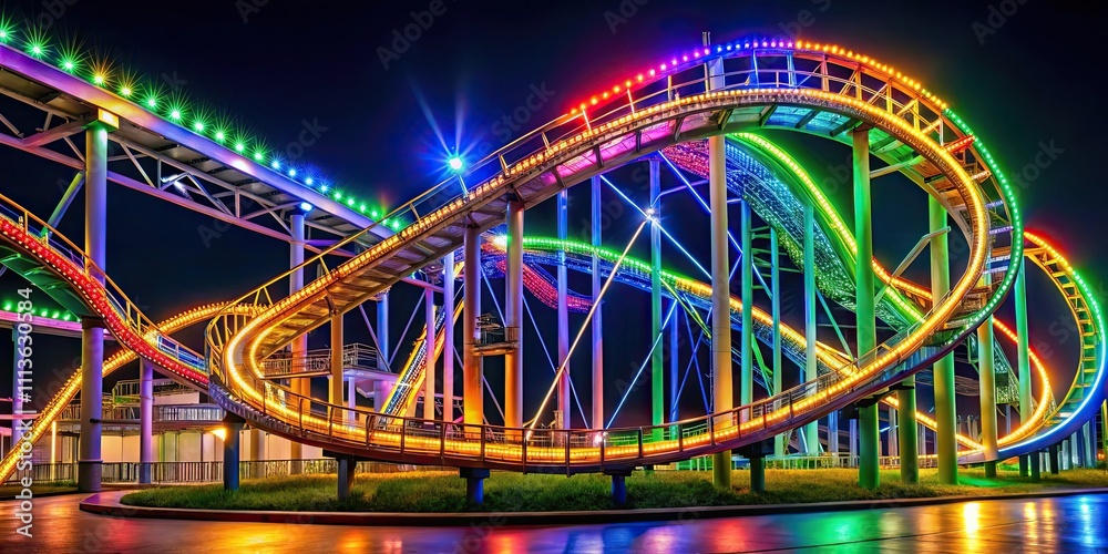 Obraz premium Roller coaster illuminated by colorful lights at night, amusement park, thrill ride, exciting, dark sky, evening