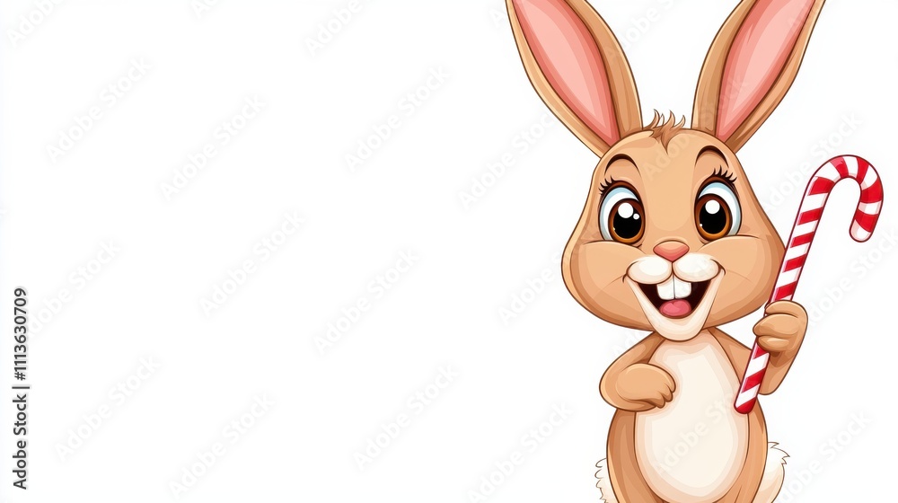Fototapeta premium Cheerful Christmas Bunny Holding Candy Cane with Joyful Holiday Expression