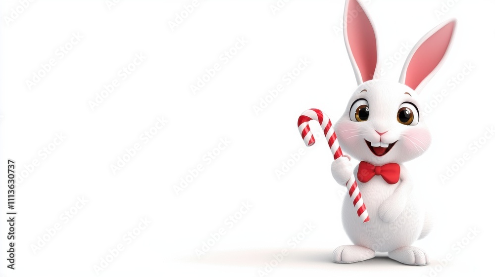 Obraz premium Cheerful Cartoon Rabbit Holding Candy Cane in Winter Holiday Scene