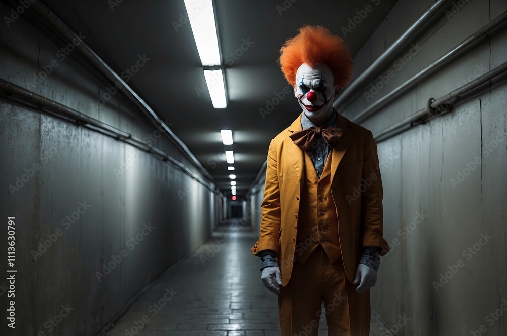Clown standing alone in a dimly lit corridor with orange hair and costume Clown standing alone in a dimly lit corridor with orange hair and costume